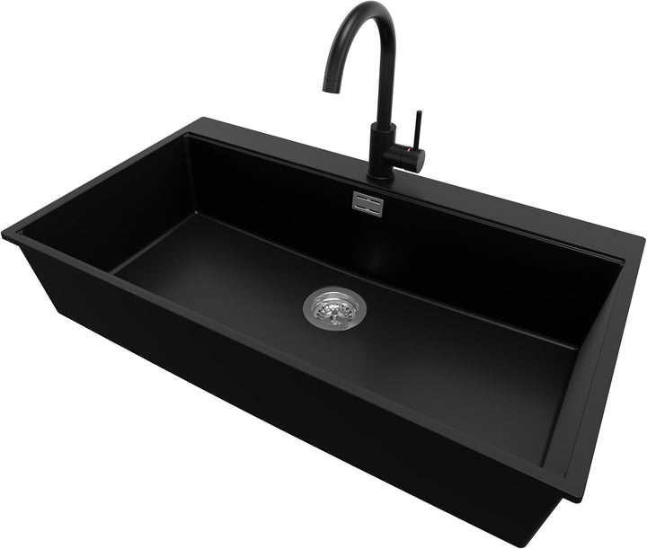 PRIMAGRAN Granitspüle Schwarz 88x50cm, Spülbecken 1 Becken + Ablauf-Set + Küchenarmatur 32x20cm, Küc