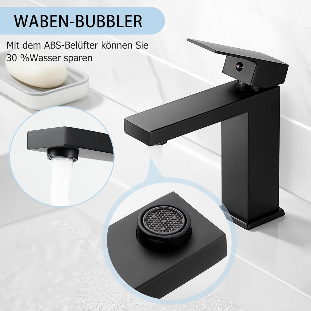 Wasserhahn Bad Schwarz Waschtischarmatur mit Pop-Up Ablaufgarnitur, Wasserhähne Eckig mit Höhe 164mm