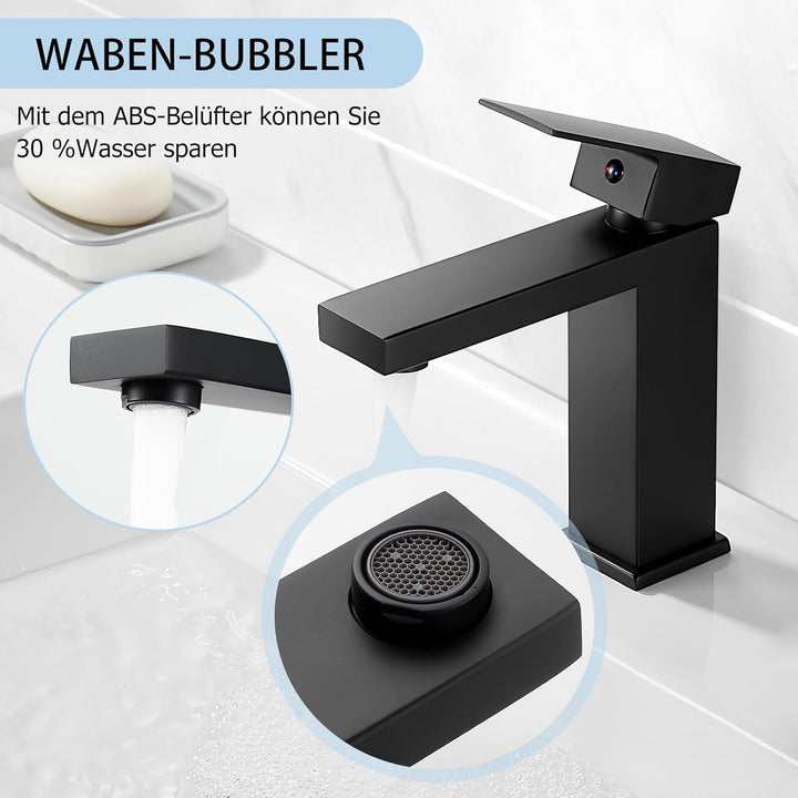 Wasserhahn Bad Schwarz Waschtischarmatur mit Pop-Up Ablaufgarnitur, Wasserhähne Eckig mit Höhe 164mm