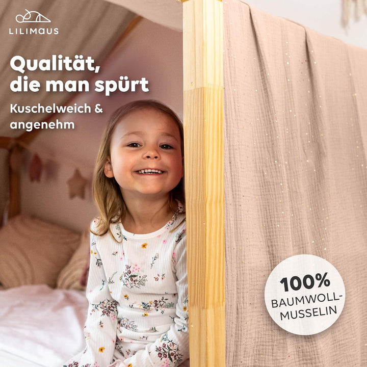 Hausbett Himmel mit Gold Applikation [in 12 Farben] Betthimmel Hausbett aus 100% Baumwolle Musselin