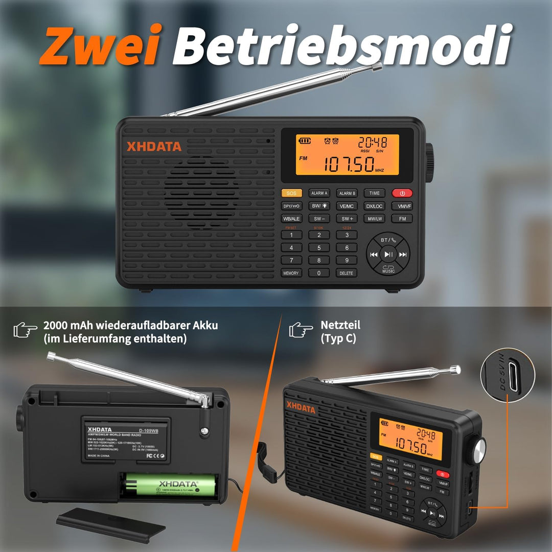 XHDATA D109WB Klein Tragbares Retro Radio FM/AM/LW TF/Bluetooth MP3-Player SOS-Alarm Küchenradio Out