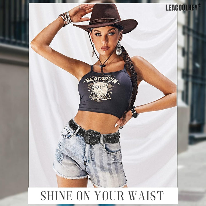LEACOOLKEY Damen Männer Mode Strass Gürtel, Western Cowgirl Nieten Punk PU Ledergürtel für Jeans S:P