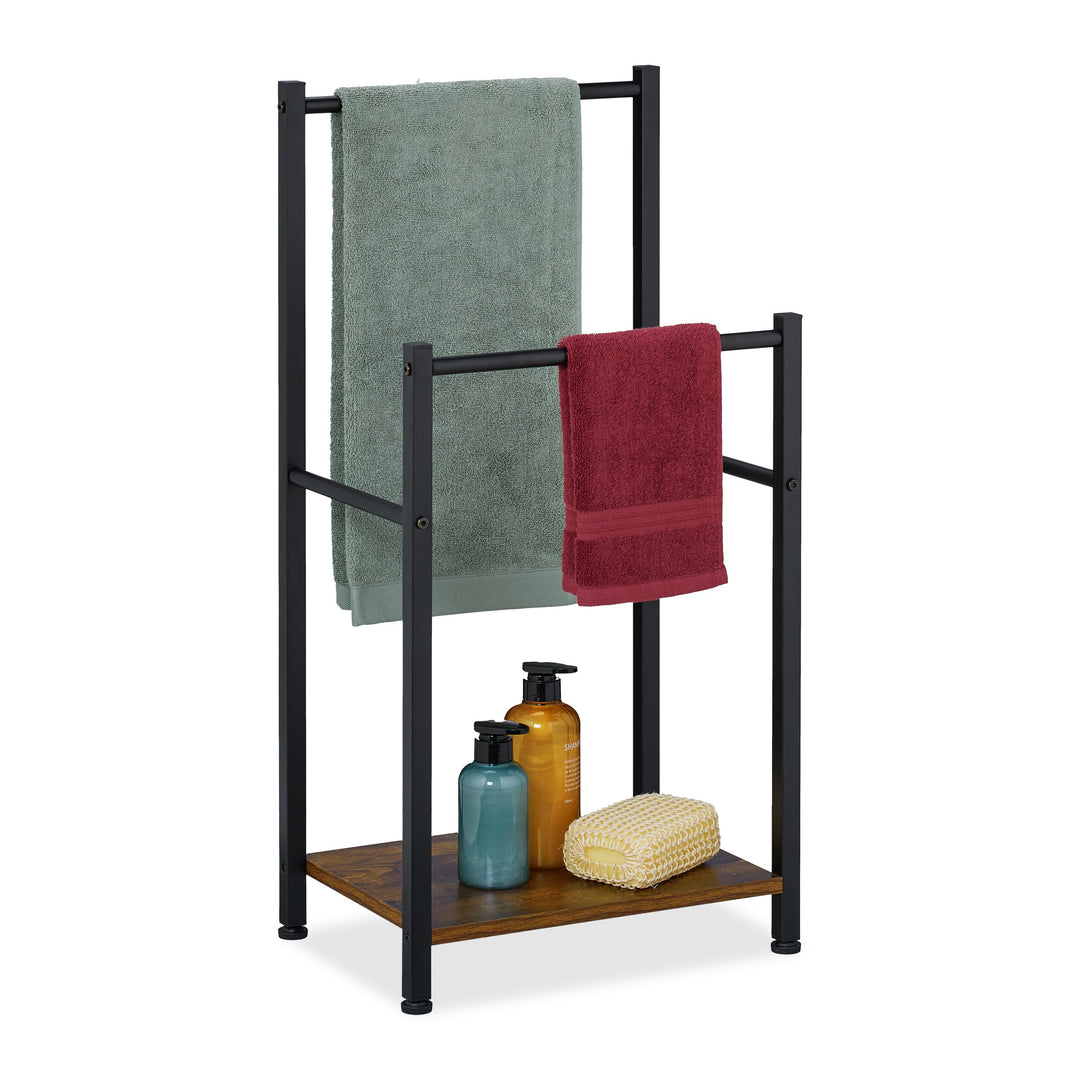 Relaxdays Handtuchständer, Ablage, 2 Stangen, HBT: 80 x 40 x 28 cm, Industrial, stehender Handtuchha