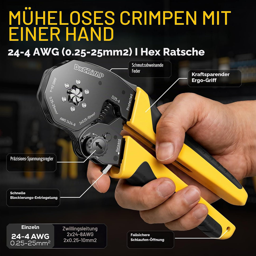 DxCRIMP Crimpzange Aderendhülsen Set für 0,25-25mm², 11 Arten isolierter Aderendhülsen, Selbsteinste
