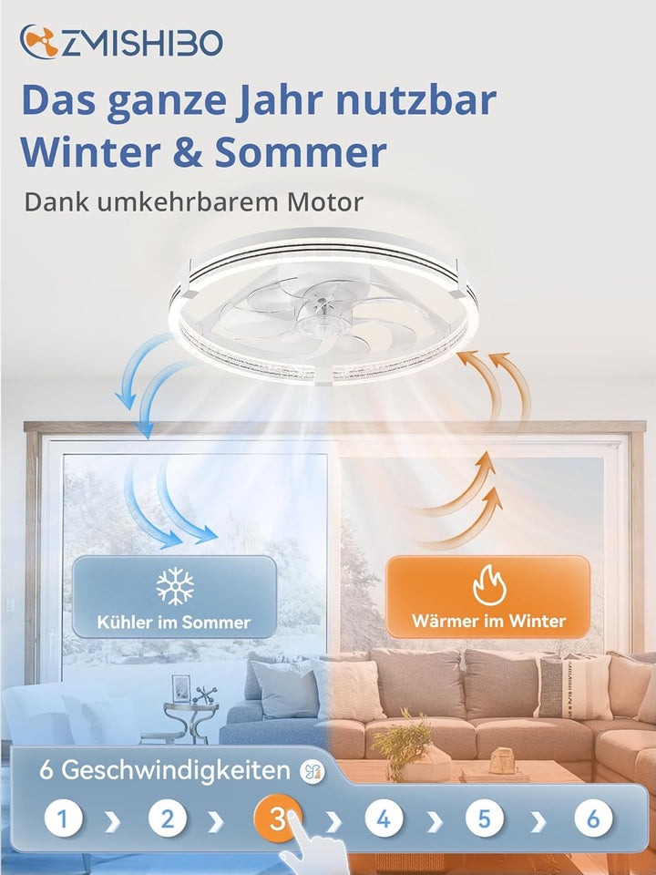 ZMISHIBO Deckenventilator mit Beleuchtung, dimmbare LED 3000K-7000K, 6 Geschwindigkeiten, Umkehrfunk