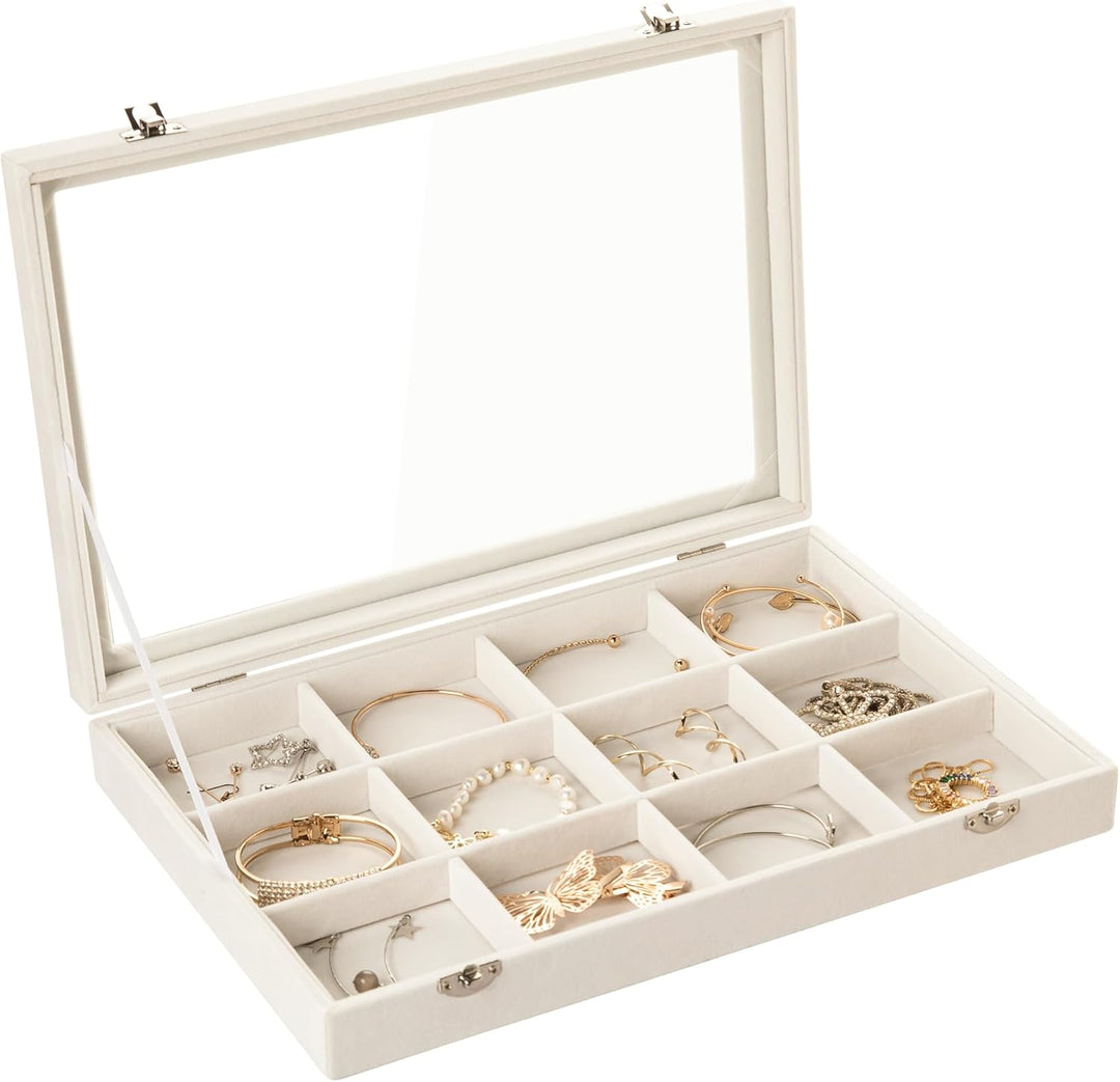 Frebeauty Schmuck Tablett 12 Gitter Samt Schmuck Organizer Aufbewahrungsbox mit klarem Deckel Schubl