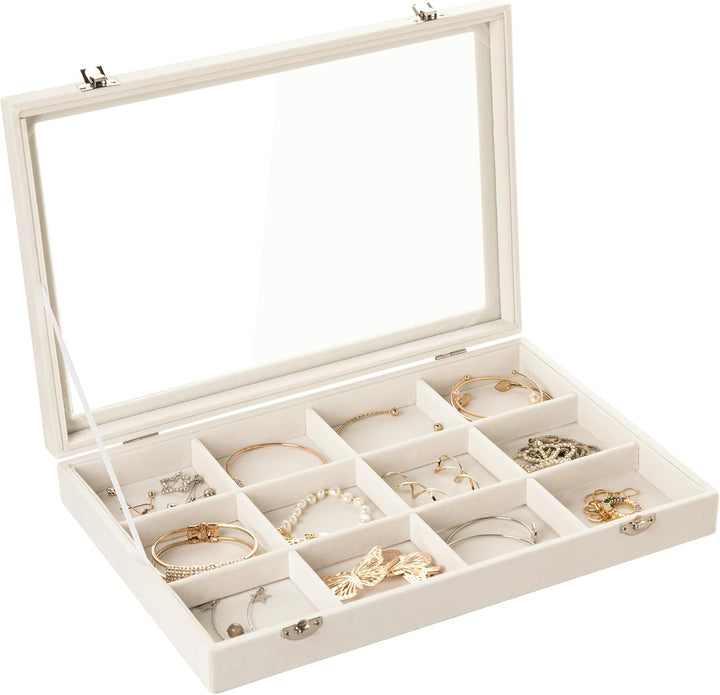 Frebeauty Schmuck Tablett 12 Gitter Samt Schmuck Organizer Aufbewahrungsbox mit klarem Deckel Schubl