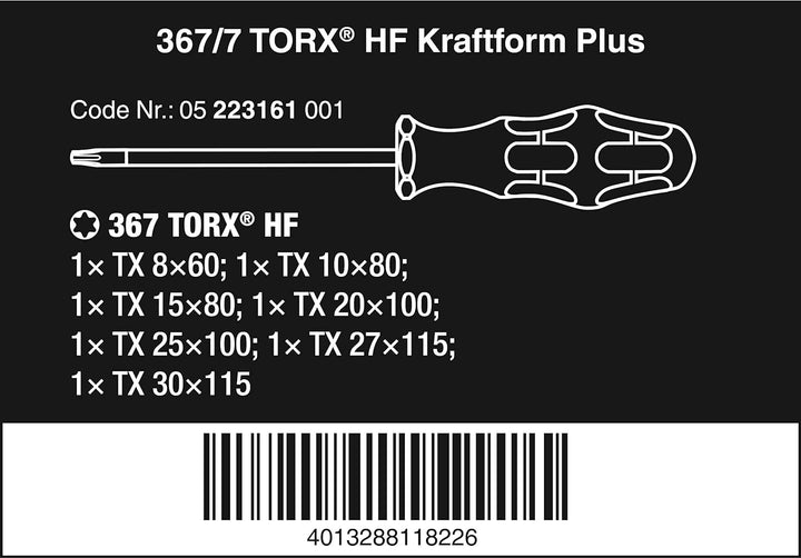 Wera TORX® HF Schraubendrehersatz Kraftform Plus 367/7 mit Haltefunktion + Rack, 7-teilig, 052231610