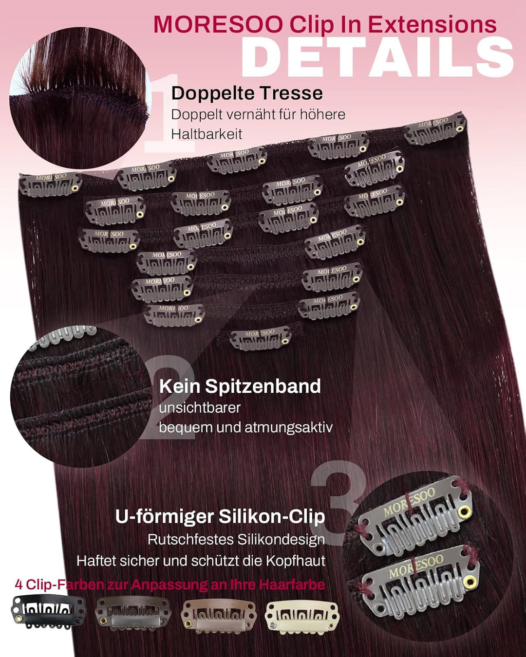Moresoo Clip Extensions Echthaar Clip in Extensions Rot Doppelt Tressen Haarverlängerung Echthaar Cl