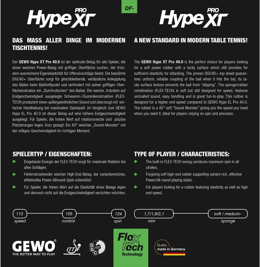 GEWO Hype XT Pro 40.0 Tischtennis Belag/weich & rotationsstark mit Flex-TECH & DGC40+ Oberfläche / 1