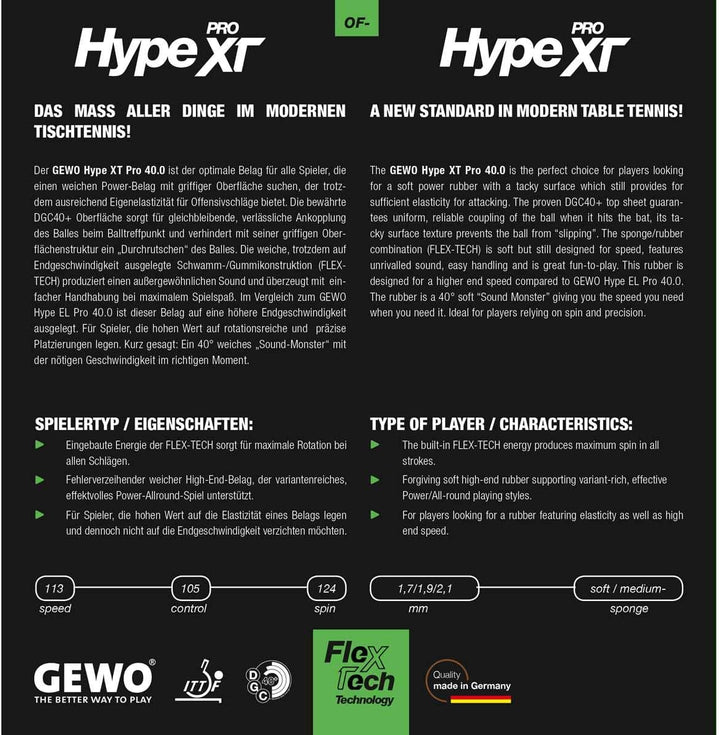 GEWO Hype XT Pro 40.0 Tischtennis Belag/weich & rotationsstark mit Flex-TECH & DGC40+ Oberfläche / 1