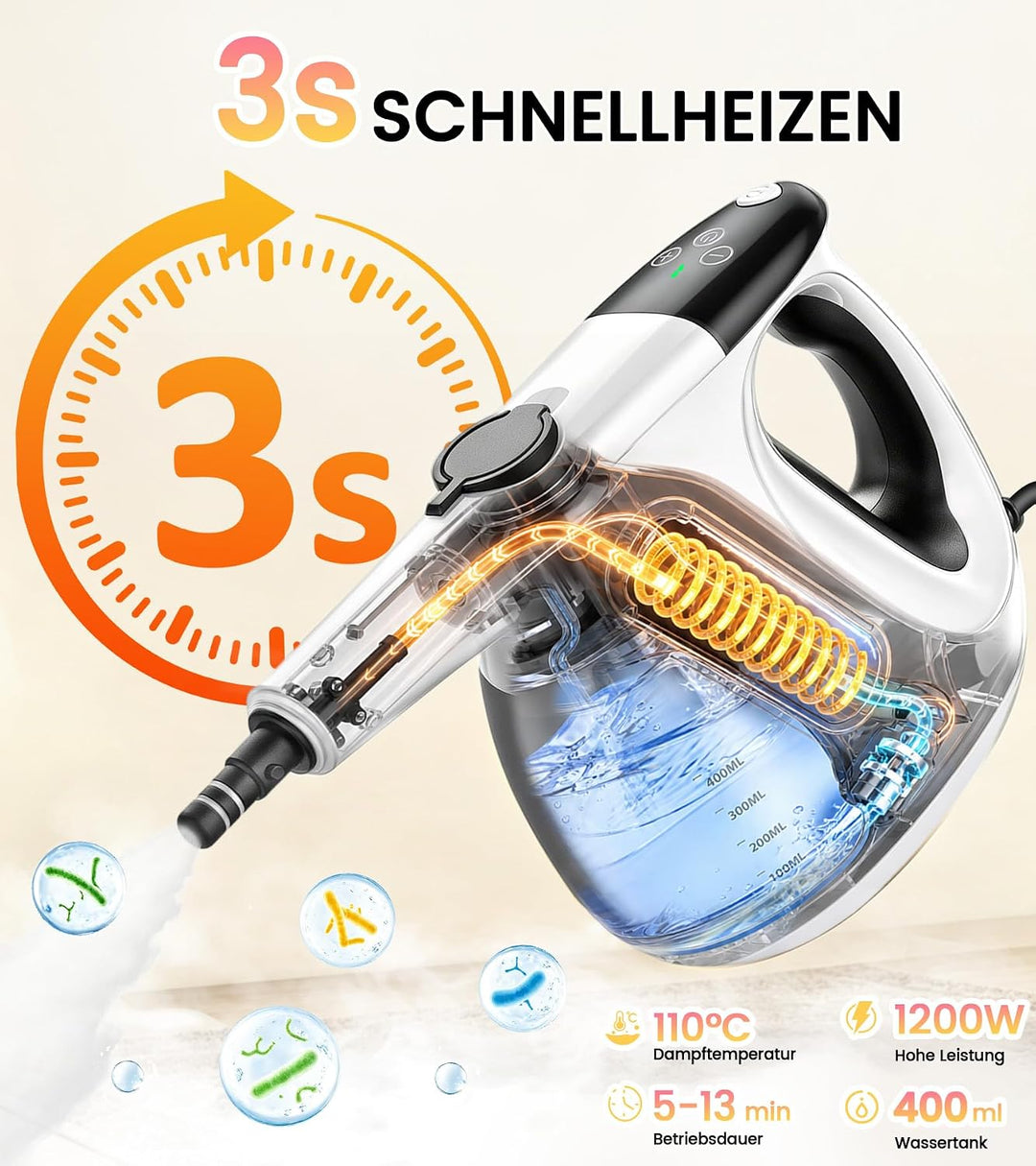 JBER Dampfreiniger Handgerät 1200W für Heim, 3 Sek.Aufheizzeit, 400ML Tank | Vielseitiger Dampfreini