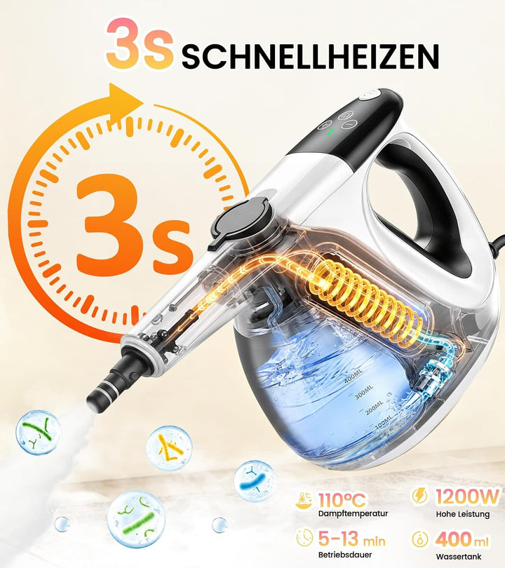 JBER Dampfreiniger Handgerät 1200W für Heim, 3 Sek.Aufheizzeit, 400ML Tank | Vielseitiger Dampfreini