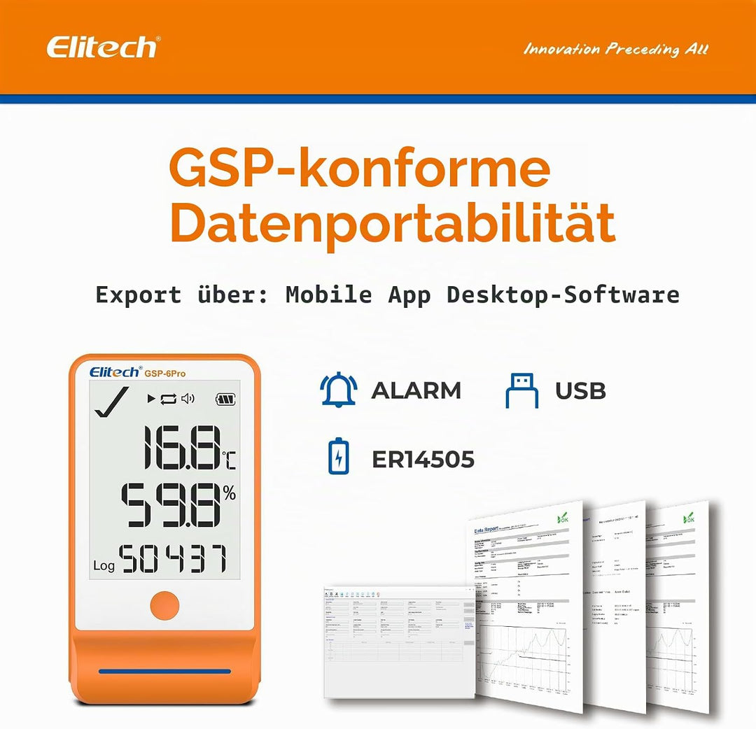 Elitech Temperatur Datenlogger, 16000 Punkte, Daten Aufzeichnungen und Export, Hohe Genauigkeit Sens