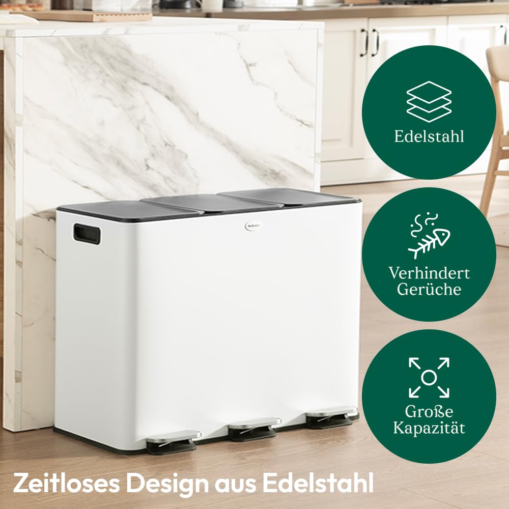 CASABEL Mülleimer Küche 60 L - Mülltrennsystem 3 x 20 L aus Rostfreiem Edelstahl, Rechteckiger Recyc
