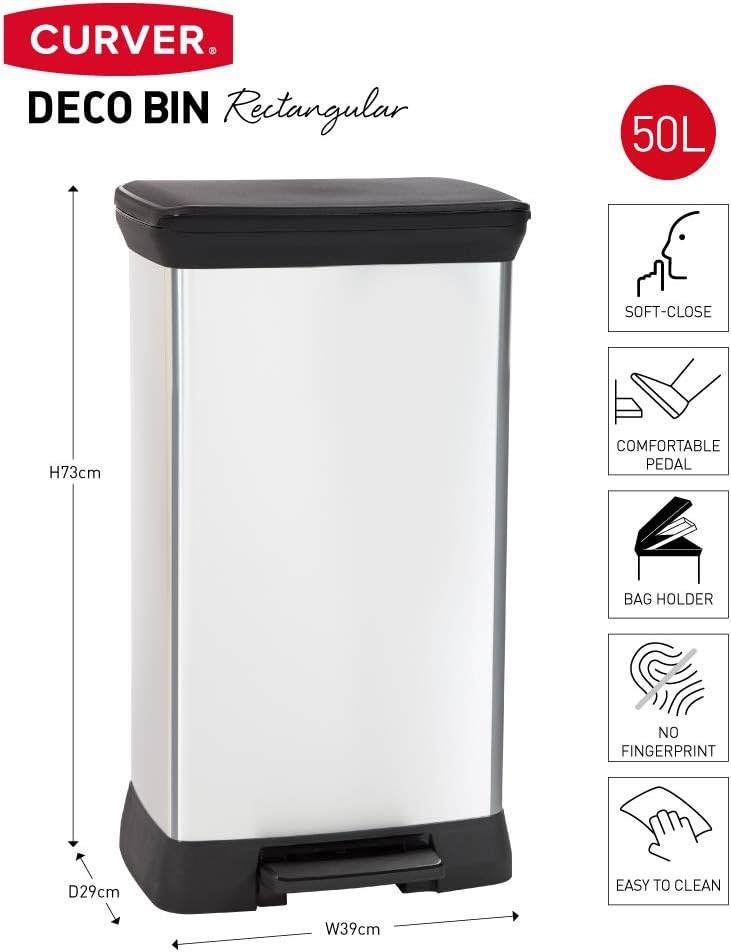 Curver Deco Bin Abfalleimer, Plastik, Silber Metallic, 39 x 29 x, Einzelbett