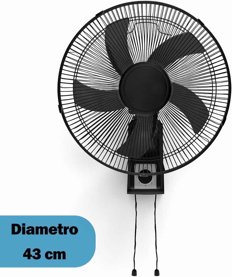 BAKAJI Wandventilator mit Gitter von 43 cm, 3 wählbare Geschwindigkeitsstufen, 5 Flügel, 65 Watt Lei