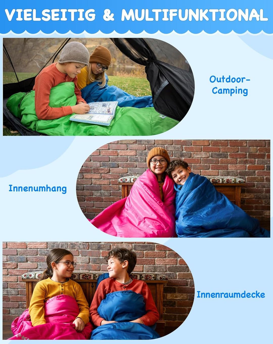 KingCamp Schlafsack Kinder aus Baumwoll-Flannel, warm und Bequeme Kinderschlafsack für 6-10 Jahre (b