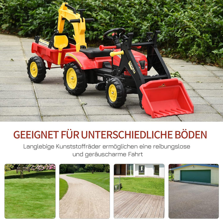 HOMCOM Trettraktor mit Anhänger, Frontlader, Verstellbarer Schaufel, Traktor Tretfahrzeug für Kinder