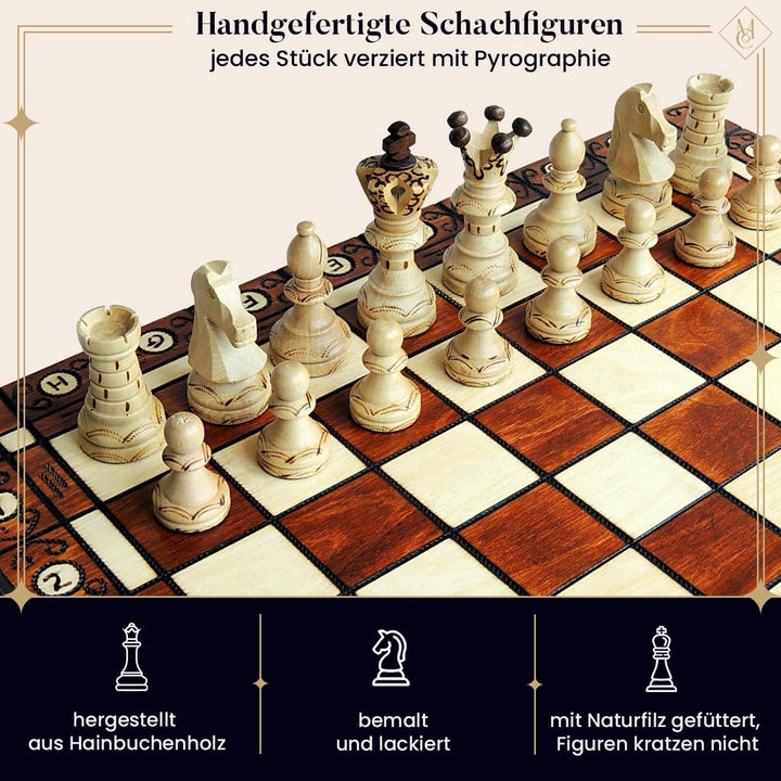 Absolut erstaunlich, "Botschafter DE LUX" 54x54cm dekorative hölzerne Schach gesetzt. 100 % Handarbe