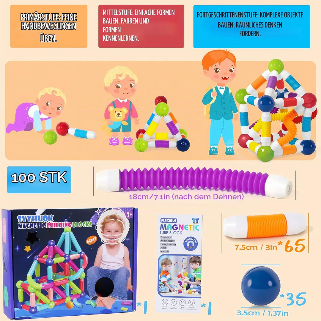 Magnetische Bausteine Einziehbarer 100 Stück Magnetbausteine Kinder, 3D Kreative Montessori Magnet B
