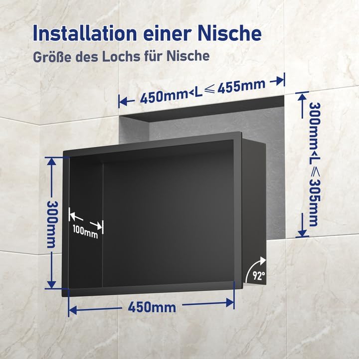 Wandnische 304 Edelstahl 45 cm × 30 cm × 10 cm Duschnische Schwarz für Badezimmeraufbewahrung Keine