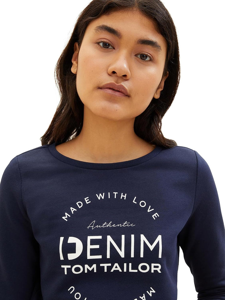 TOM TAILOR Denim Damen Sweater mit Logo-Print & Raffarm M 10668 - Sky Captain Blue, M 10668 - Sky Ca