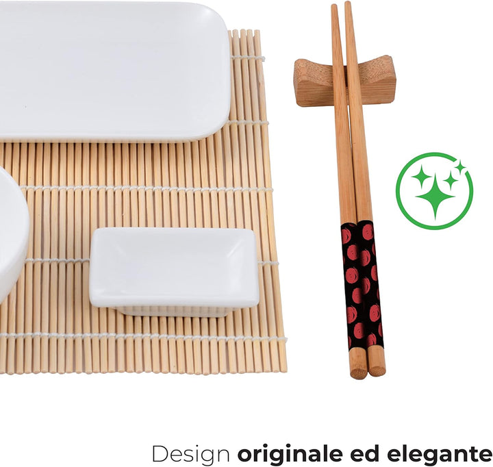 MasterPro Foodies | Sushi Set 12-teilig | Inklusive Sossenschalen, Telller, Esstäbchen und Tischdeck