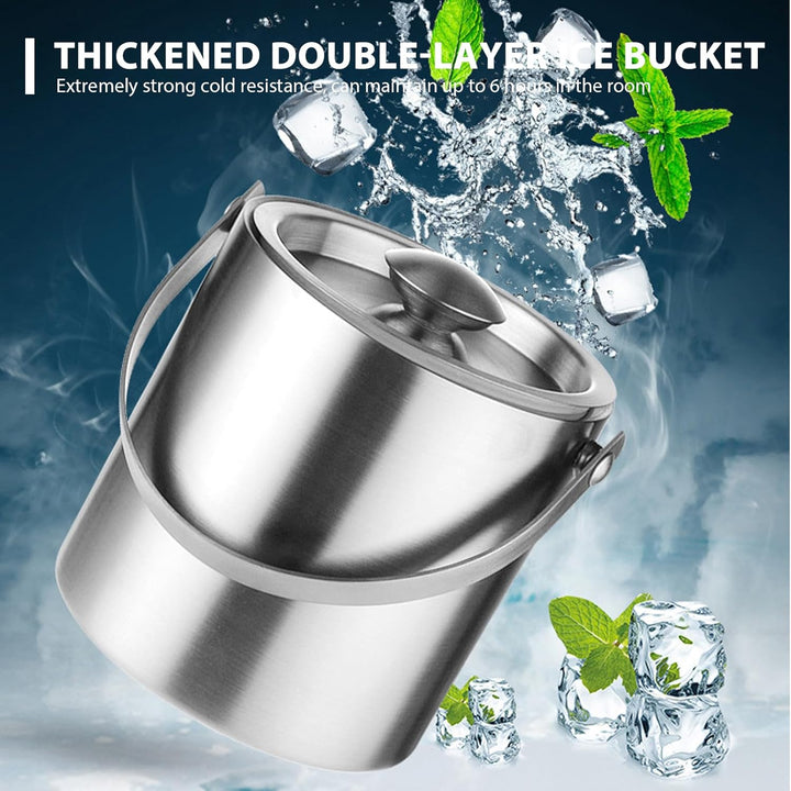 2L Eiswürfelbehälter, Edelstahl Eisbehälter, Doppelwandiger Eiseimer, Luftdichtem Deckel und Eiszang