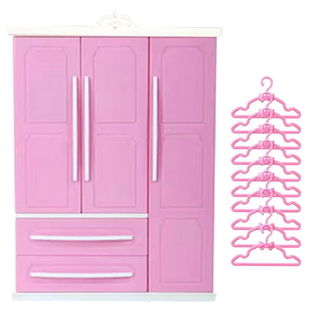 Puppenschrank, 3 Türen, 2 Schubladen, Puppenhaus-Garderobe, Puppenhausmöbel mit 10 Kleiderbügeln für