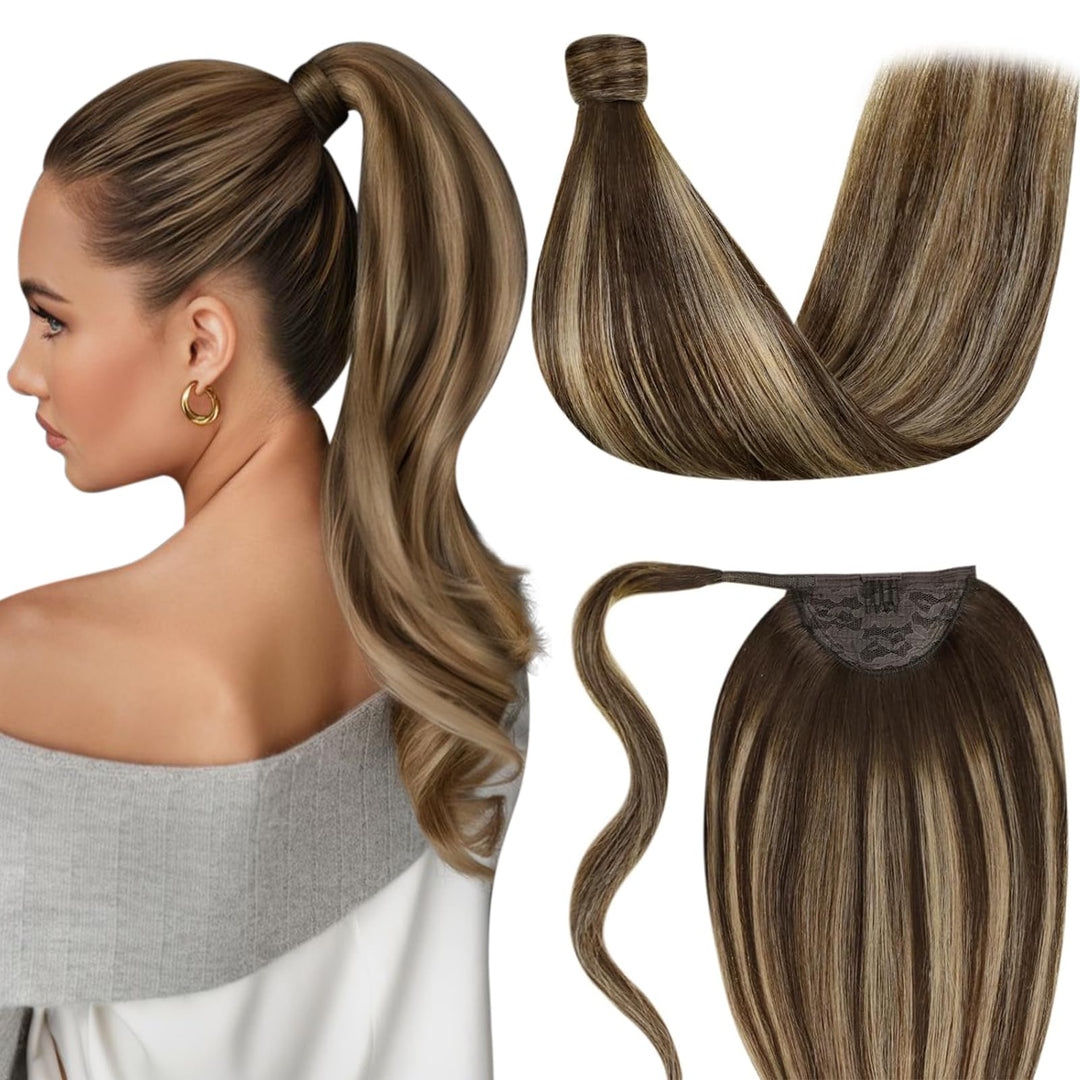 LaaVoo Zopf Extensions Echthaar Glatt Balayage Braun 30cm 70g Lang Ponytail Extension Echthaar Remy