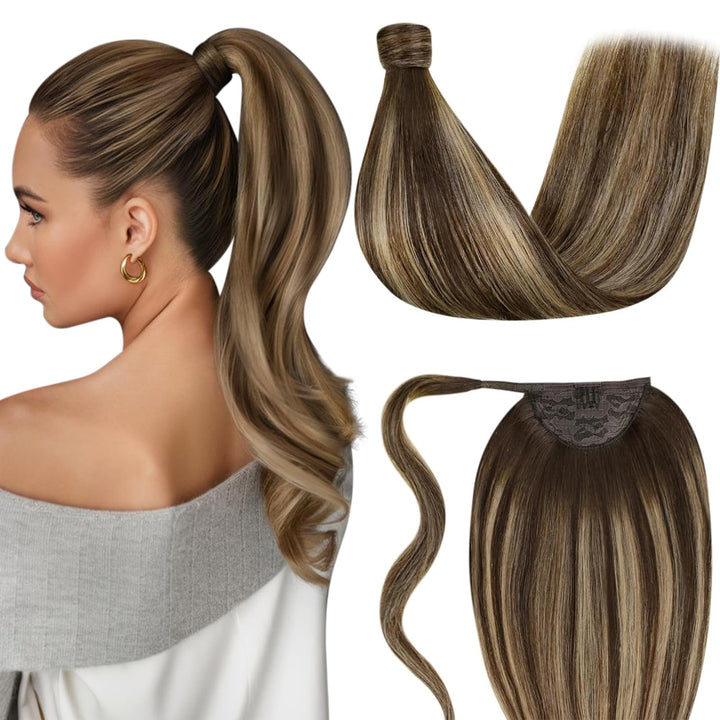 LaaVoo Zopf Extensions Echthaar Glatt Balayage Braun 30cm 70g Lang Ponytail Extension Echthaar Remy
