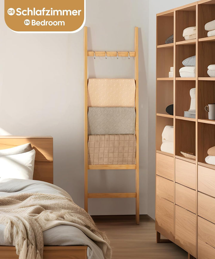 Yorbay Handtuchleiter Bambus, 6 Sprossen, Kleiderleiter mit 2 Sturzsicherheitsriemen und 4 Haken, Ha