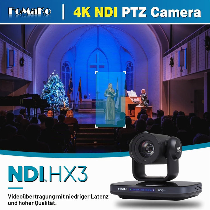 FoMaKo 12G-SDI 4K 60FPS NDI PTZ Kamera, 20X optischer Zoom, 4KP60 AI Auto-Tracking Gen 3, 1/1.8 UHD