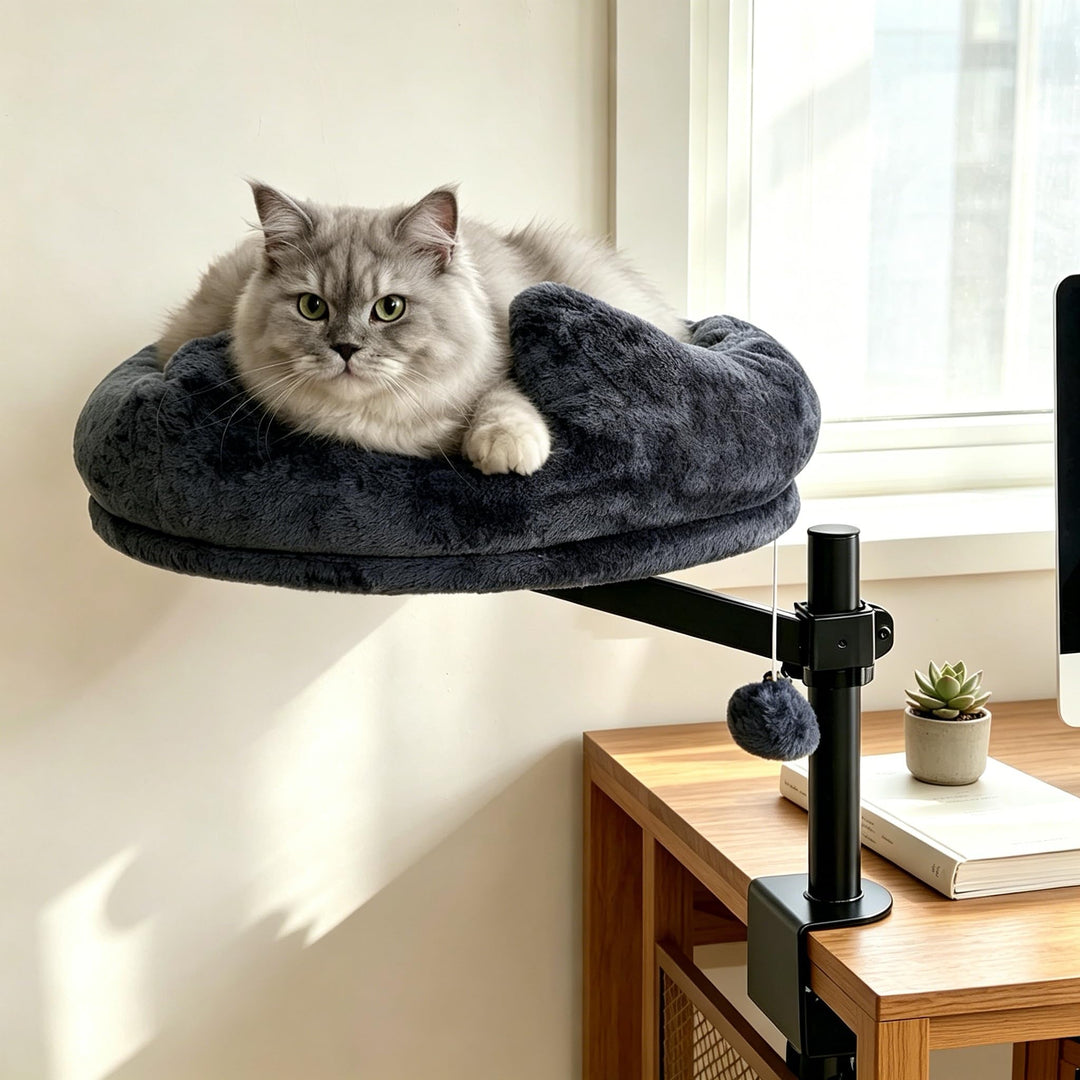 Katzenbett Schreibtisch, 360° Drehung Hängebett für Katzen Bohrfrei &amp; Höhenverstellbar, Katzenhängem