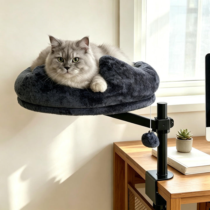 Katzenbett Schreibtisch, 360° Drehung Hängebett für Katzen Bohrfrei &amp; Höhenverstellbar, Katzenhängem