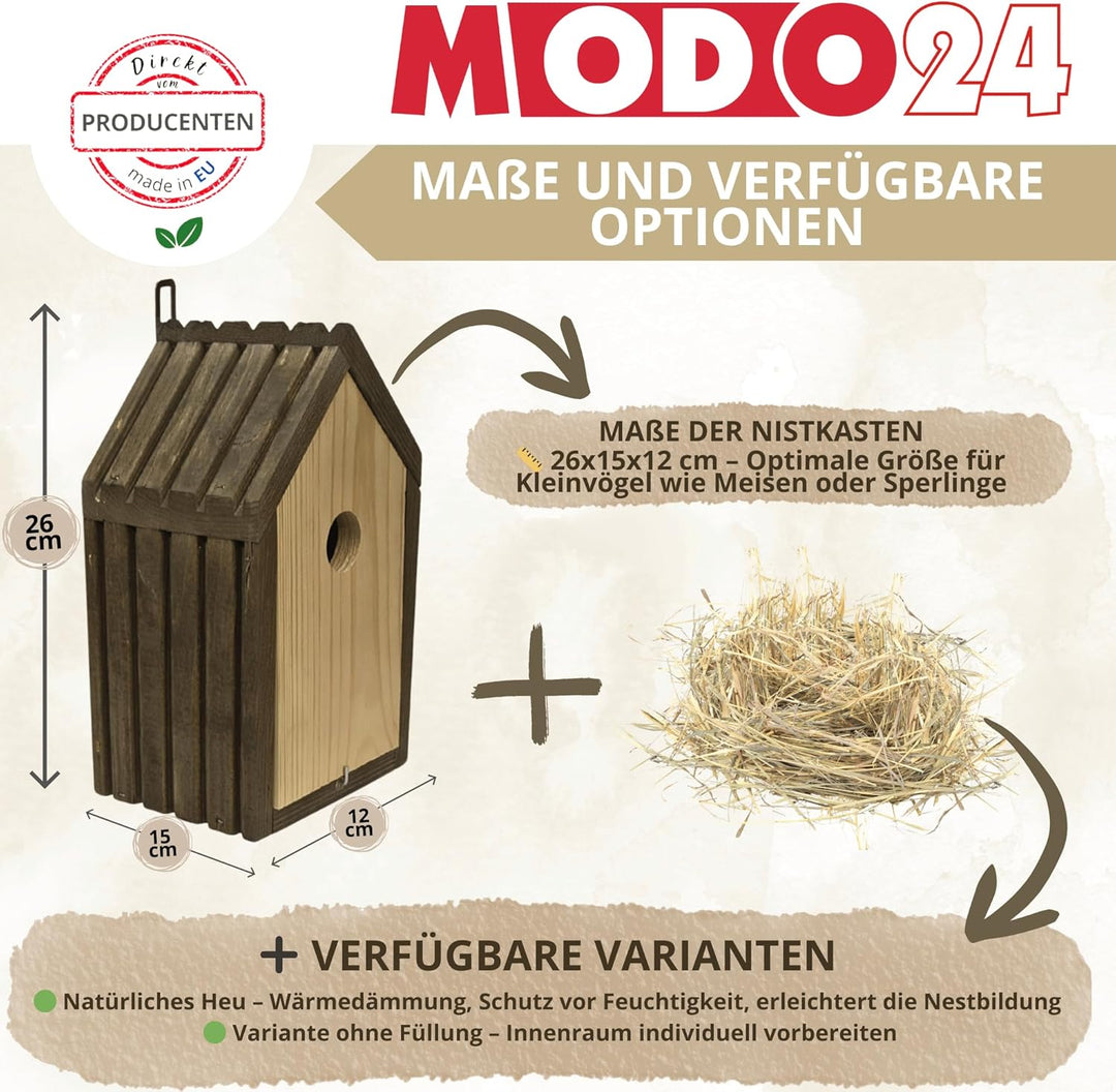 Meisen Nistkasten aus FSC® Holz mit 2,8 cm Einflugloch und mit Heu, Vogelhaus Blaumeisen &amp; Kleinvöge