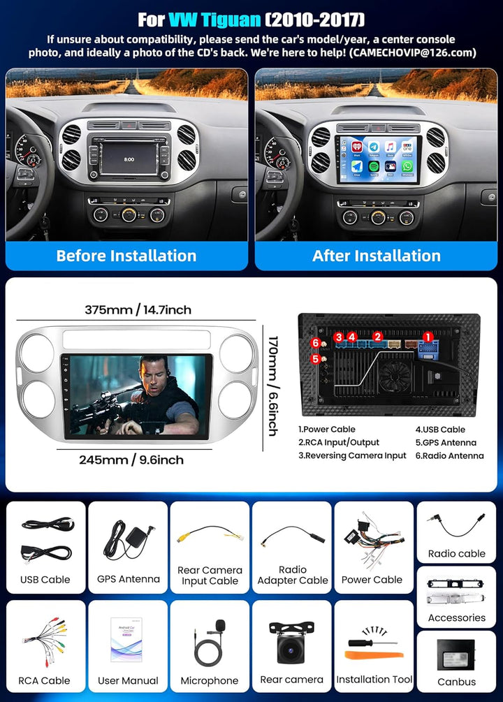 CAMECHO Android 15 Qualcomm 8 Core 4G+64G Autoradio für VW Tiguan (2010-2017) mit Carplay Android Au