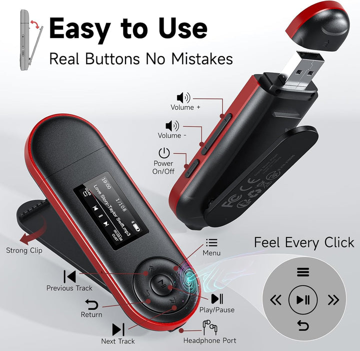64GB MP3 Player mit Bluetooth 5.3, USB Plug & Play, Nur 28g, Physische Tasten für Blindbedienung, Cl