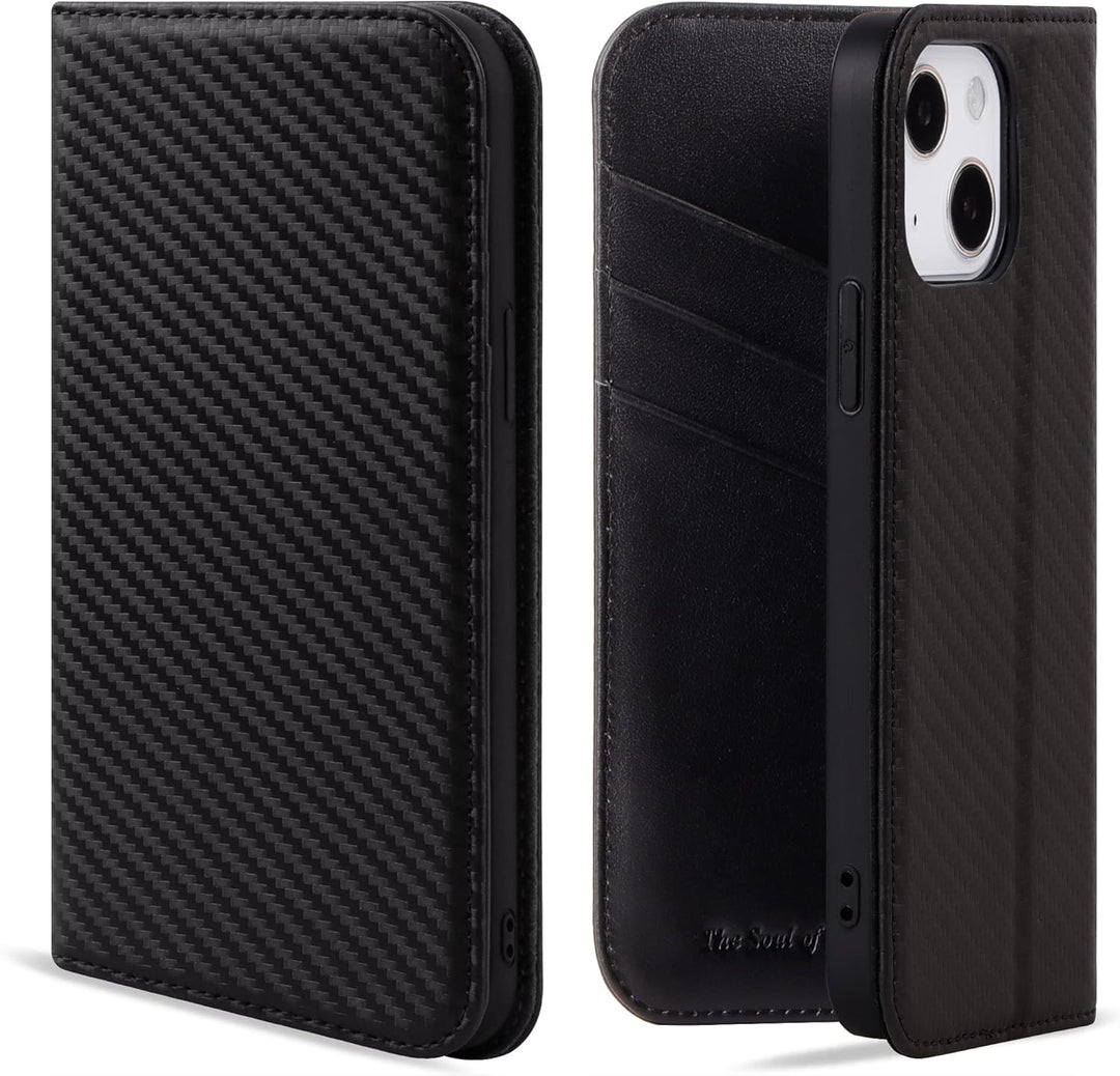 VISOUL iPhone 13 Hülle, Handyhülle [100% Karbonfaser-Leder] [RFID Schutz] [Schützt vor Stoss] [Stand