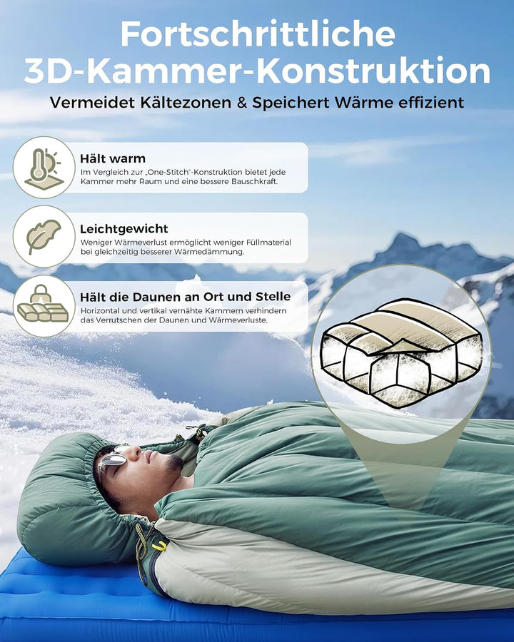 ATEPA Premium RDS Daunen Schlafsack ISO-Zertifiziert, 700FP Entendaune Extra Breit für Kaltes Wetter