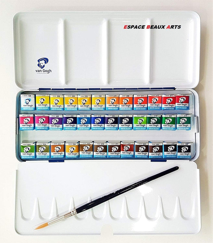 36 Näpfchen Feine Van Gogh Künstler Aquarellfarben im Metall Aquarellkasten incl. Pinsel und Mischpa