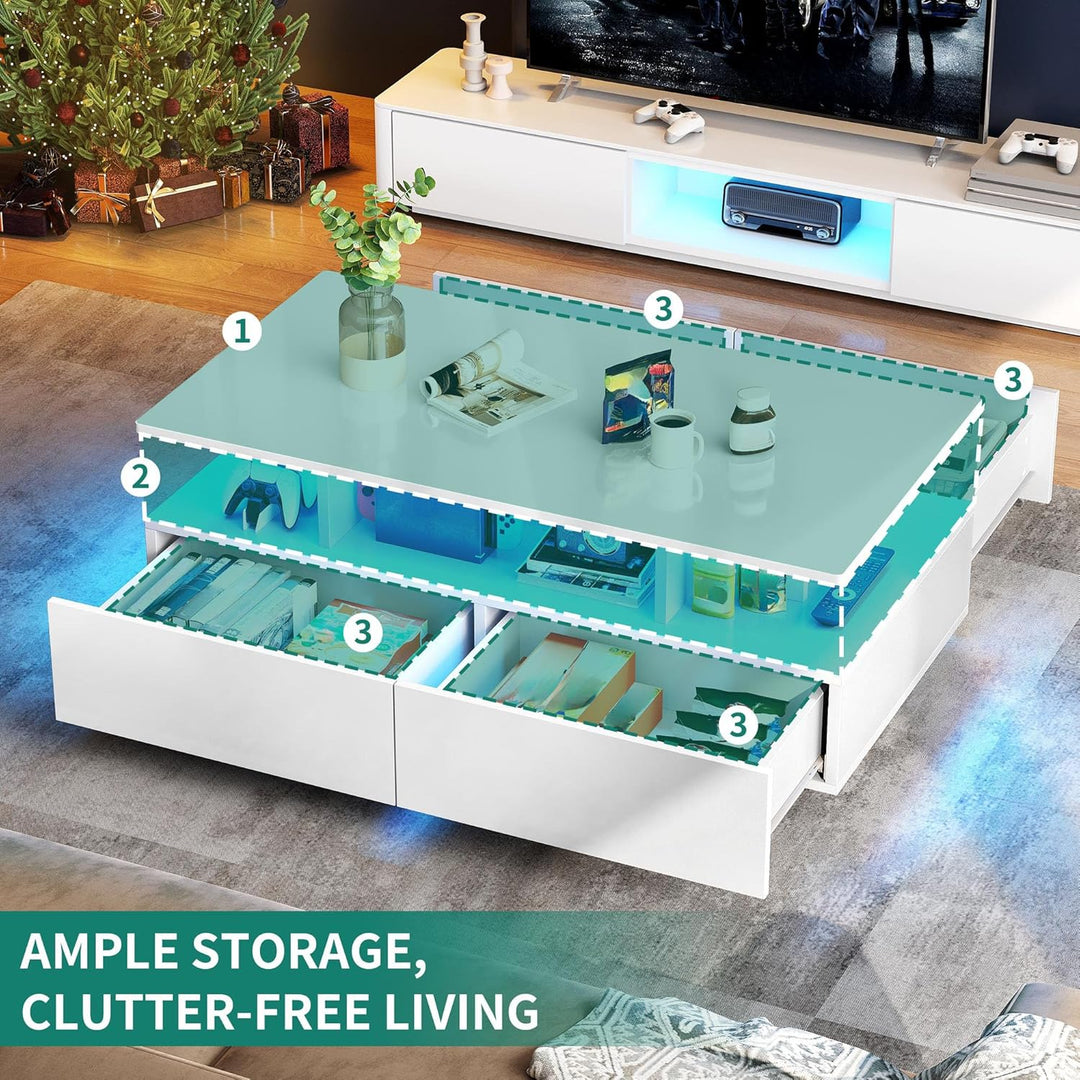 YITAHOME Couchtisch Weiss, Wohnzimmertisch Hochglanz mit 16-Farbiger LED Beleuchtung Modern, Beistel