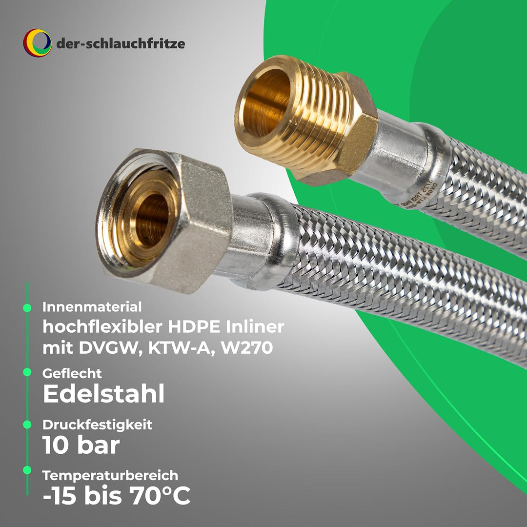 H2O-Flex® Panzerschlauch 1/2"ÜM x 1/2"AG, Flexschlauch DN13 für Sanitär mit Trinkwasserzulassung, 30
