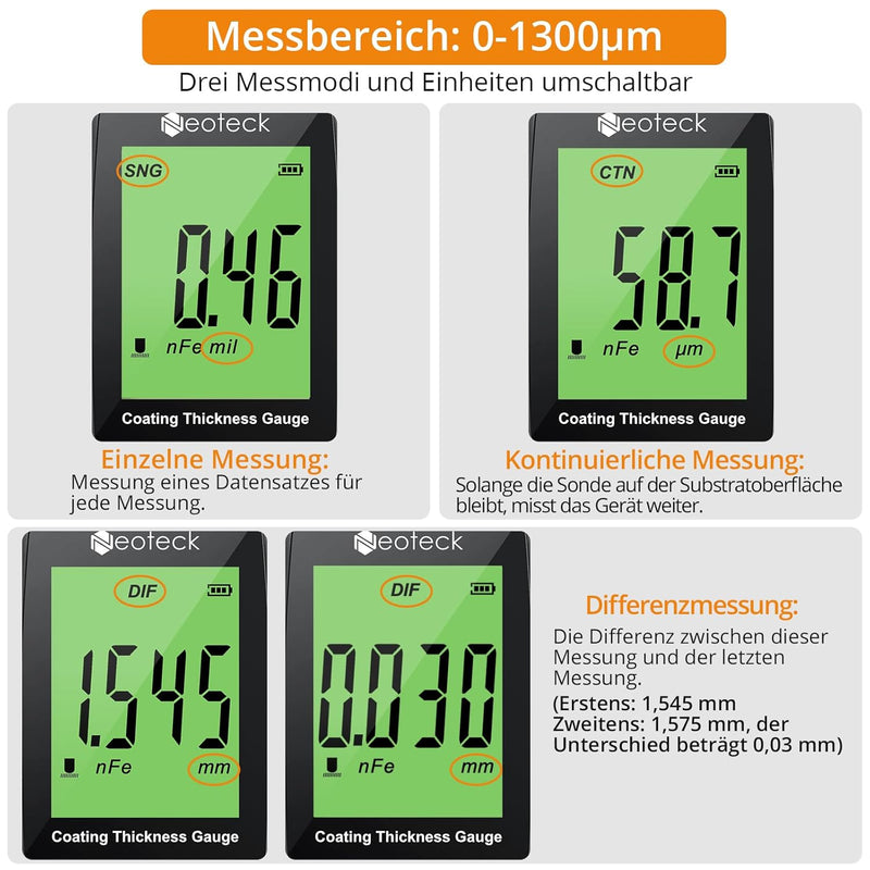 Neoteck Lackdickenmessgerät Wiederaufladbar Schichtdickenmessgerät Automatische Erkennung mit Lesero