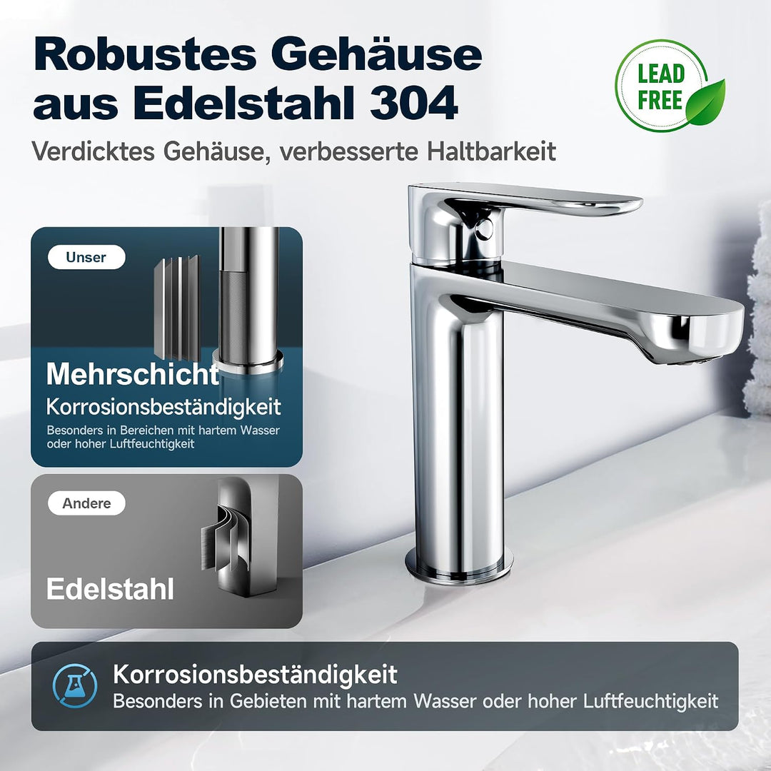 Wasserhahn Bad aus Edelstahl, Moderner Waschtischarmatur für Badezimmer mit Keramikkartusche und Ung