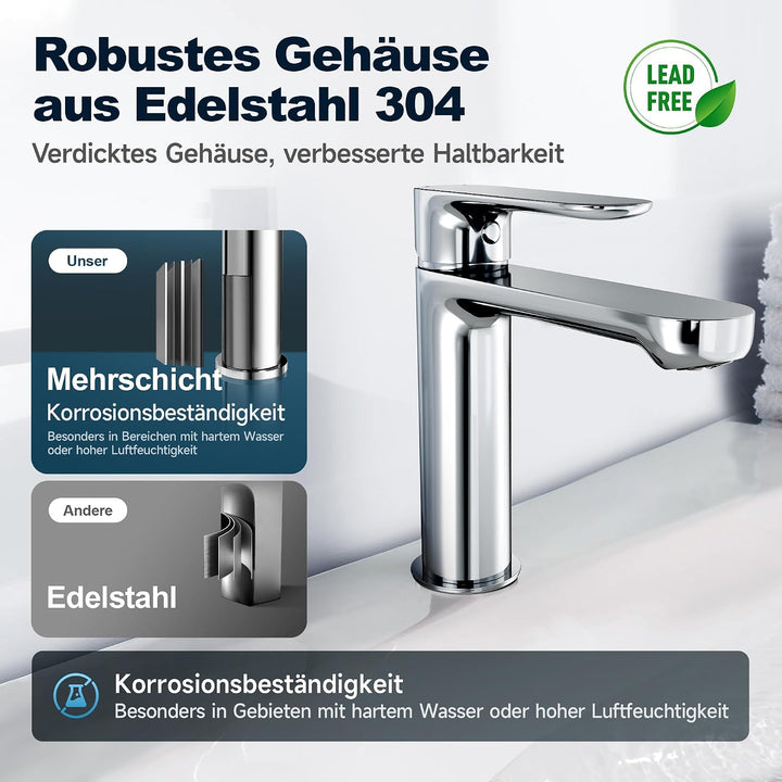 Wasserhahn Bad aus Edelstahl, Moderner Waschtischarmatur für Badezimmer mit Keramikkartusche und Ung