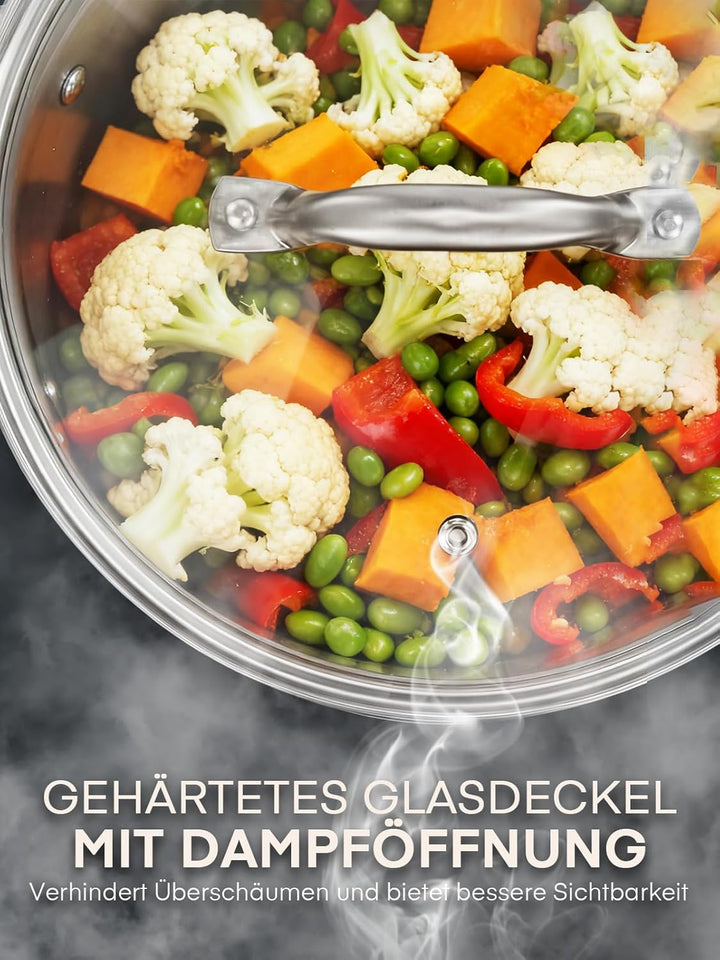 Topfset Induktion 15-Teilig, Kochtopf Set Unbeschichtet Mit Dünsteinsatz, Induktions Töpfe Set, Topf