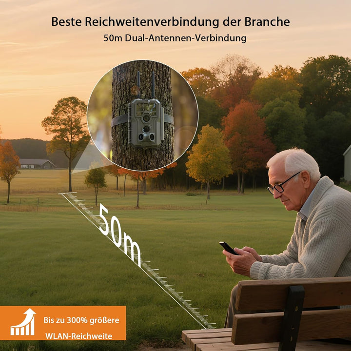 GardePro E8 2.0 Wildkamera Dual Antenne WLAN mit 64GB SD Karte, 64MP H.264 4K Video, 30m Infrarot Na