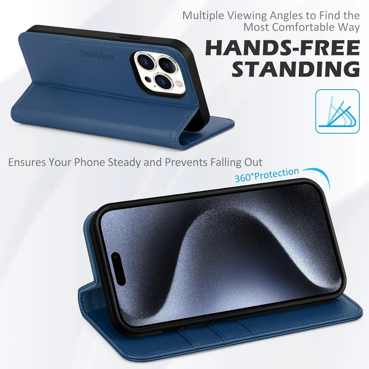 SHIELDON Hülle für iPhone 15 Pro, Schutzhülle [Rindsleder] [Stossfest] [Standfunktion] [Kartenfach]